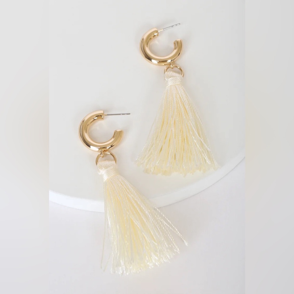 Shine Through Ivory and Gold Tassel Hoop Earrings by Lulus